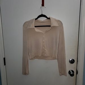 Shein Plus Beige Long Sleeve Collar Crop Top